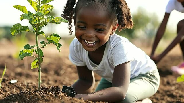 Child Planting Tree on Earth Day with Community Group Smiling