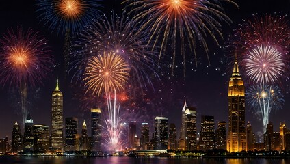 Colorful fireworks explode over a city skyline at night. Tall buildings are lit up