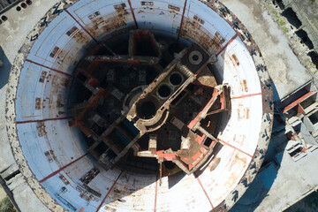 Nuclear reactor of an unfinished power plant in Crimea. Close-up view from above. Shooting from a drone.