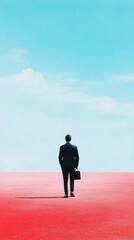 Obraz premium Man in a business suit standing alone on red ground with a blue sky background