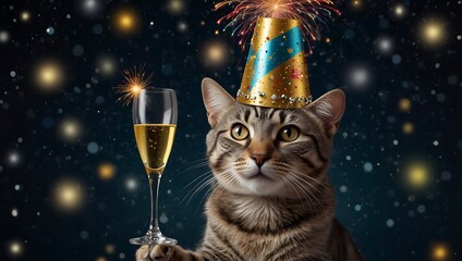 A tabby cat wearing a party hat and holding a champagne glass, against a dark starry background.