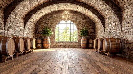 A beautifully designed wine cellar featuring stone walls, wooden barrels, and natural light, perfect for hosting gatherings.