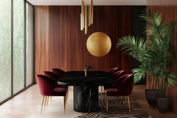 modern luxury dining room, featuring a large black marble dining table, surrounded by plush burgundy and black chairs, gold linear chandelier and wall sconces
