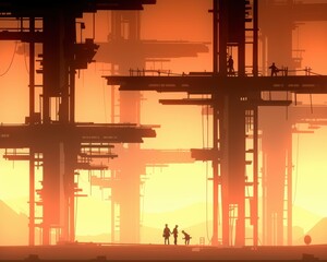 Silhouetted figures explore an industrial landscape at sunset, creating a dramatic contrast against the orange sky.