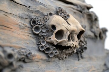 A detailed close-up of ornate skull sculptures surrounded by intricate coral formations, showcasing artistry and nature.