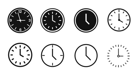 Clock icon set: Collection of time symbols featuring line-style clocks, isolated on a white background. Stock vector design.