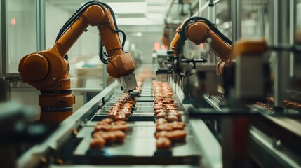 Fototapeta premium Automated robotic arms in modern food processing plant showcasing cutting-edge technology in action