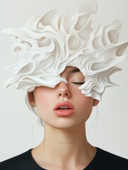 Serene Abstract: Woman with Sculpted White Mask - Beauty, art, mystery, serenity, fashion. A woman's face partially obscured by a flowing white sculptural mask.
