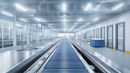Obraz premium Modern Industrial Factory Interior with Long Conveyor System and High-Tech Design Elements
