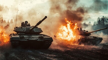 Military tanks in fiery battle scene. Intense warfare with explosions and smoke. Dramatic combat action on battlefield. Powerful armored vehicles in conflict simulation.