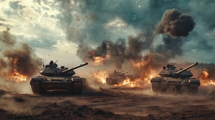 Military tanks advancing through battlefield with explosions and smoke. Dramatic scene of armored vehicles in combat. War concept with fiery sky background