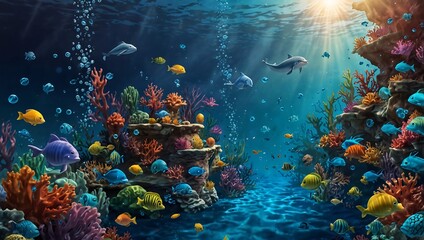Colorful coral reef underwater scene with many fish and a dolphin. Sunlight shines through the water.