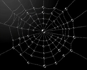Obraz premium A beautifully woven spider web adorned with dew droplets, glistening against a dark background.