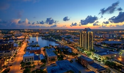 Obraz premium Cityscape at Dusk Illuminating Buildings and Waterways