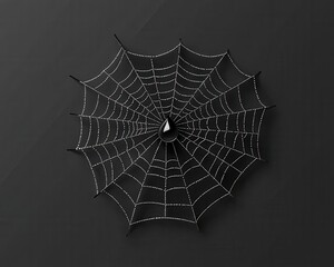 Obraz premium A delicate black spider web adorned with glistening dew drops, creating a striking contrast against a dark background.