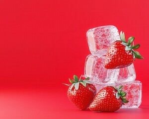 Vibrant red strawberries resting beside clear ice cubes on a bright red background create a refreshing summer vibe.