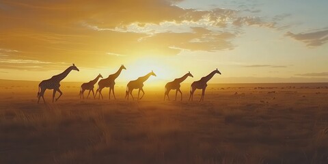 Group of giraffes strolling in sync across a wide-open plain during sunset