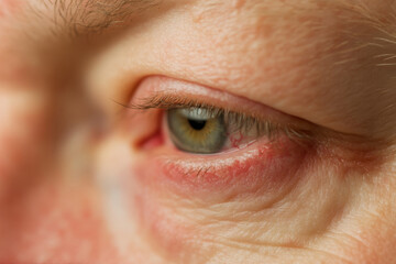 Obraz premium Human Eye with Conjunctivitis extreme close up. Closeup irritated infected red bloodshot eye. Male Eye. Vision. Eyesight. Mature Adult Eye Opening Wide. Viral infection with redness of eyeball. Macro