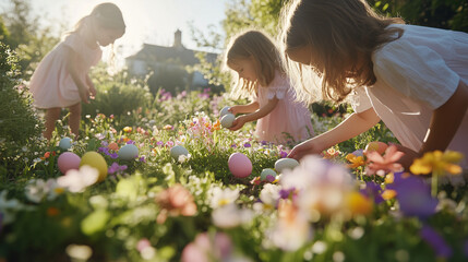 Children searching for Easter eggs in a blooming garden.