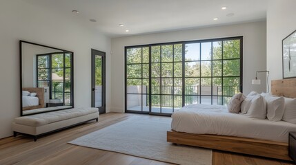Modern bedroom with large windows, wooden bed, and light decor.