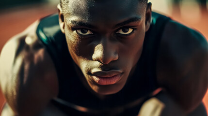 Determined male athlete preparing for a race on a track
