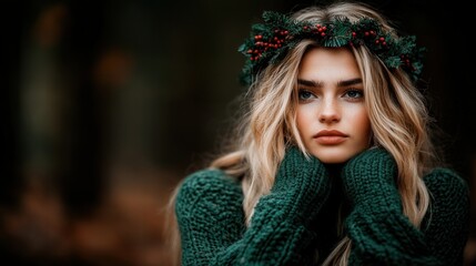 Fototapeta premium A stunning young woman adorned with a festive crown made of greenery and berries, wrapped in a cozy sweater, exuding natural beauty amid a tranquil woodland setting.