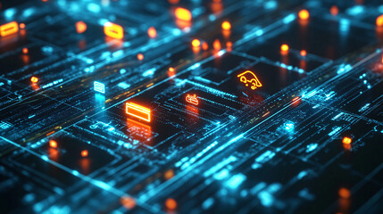 A digital traffic sign icon glowing with road data, representing online transportation platforms, smart traffic management tools, and real-time urban mobility analytics. 