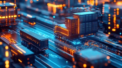 Fototapeta premium Futuristic Cityscape with Glowing Trucks on a Neon-lit Digital Highway