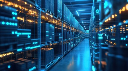 High-Tech Data Center with Network Servers and Futuristic Lighting
