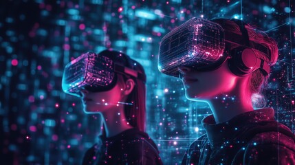 Obraz premium Futuristic cyber graphic showcasing virtual immersion technology with glowing holographic interfaces and vibrant neon elements