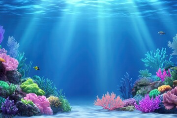 Fototapeta premium Vibrant underwater scene featuring colorful corals and fish, evoking tranquility and the beauty of marine life.
