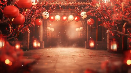 Red lanterns and cherry blossoms frame Chinese courtyard entrance. Magical atmosphere for Lunar New Year celebration. Traditional Asian festival decorations. Glowing lights and misty ambiance
