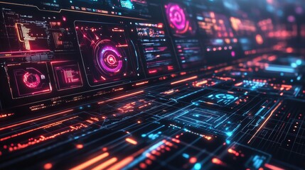 Fototapeta premium Futuristic cyber graphic showcasing virtual immersion technology with glowing holographic interfaces and vibrant neon elements