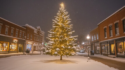 Snowy Winter Night with Christmas Tree Illuminated by Lights in Charming Town Square, Creating a Festive Atmosphere for the Holiday Season
