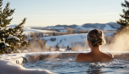 Fototapeta premium Serene scene with relaxed woman in outdoor hot tub with steam rising. Resort surrounded by snow-covered mountain peaks under clear blue sky. Sunlight adds glow, creating tranquil, luxurious atmosphere