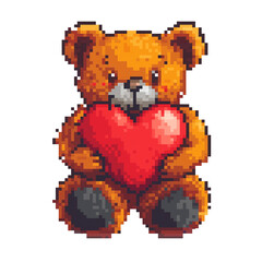 Fototapeta premium Pixel art teddy bear holding a red heart on transparent background