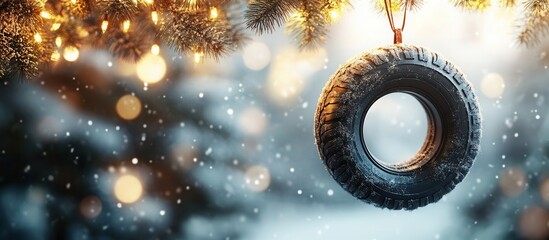 3D toy car tire hanging on fir branches with Christmas lights and decor for festive winter celebration mockup, mock up, template, empty, for text, place, copyspace, copy space