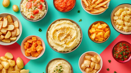 A Colorful Arrangement of Comfort Foods with Mashed Potatoes, Fries, and Various Vegetable Sides on a Vibrant Background