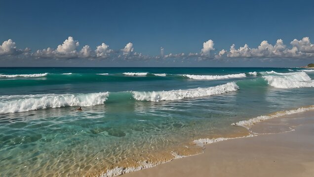 Light teal waves gently rolling onto a light beige beach. A clear sky with puffy white clouds.