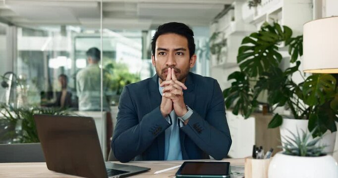 Hope, businessman and thinking of laptop for stress, startup funding or performance review. Serious Asian person, nervous banker or worry with technology for ideas, brainstorming and company risk