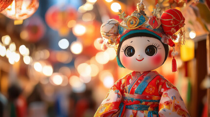 Traditional Japanese Doll in Colorful Kimono Surrounded by Lanterns in a Festive Atmosphere, Capturing the Essence of Japanese Culture and Celebration