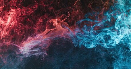 Abstract smoke patterns in red and blue hues create a dynamic visual effect.
