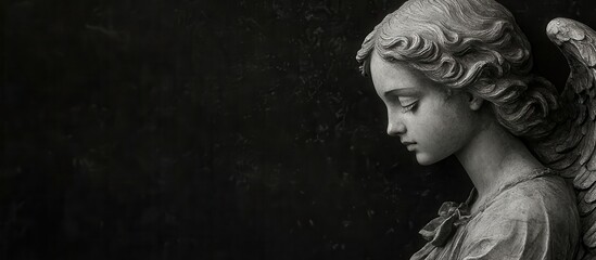 Mourning angel statue with black wings for cremation funeral services advertising on black background, mourning card