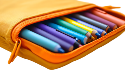 Colorful Pencils and Pens in Orange Pencil Case   Close Up