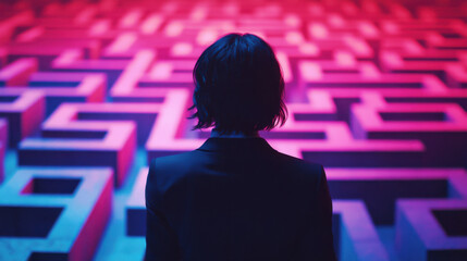 Futuristic Exploration of a Vibrant Maze with Neon Lighting, Woman in Business Attire Contemplating Pathways and Choices in Abstract Environment