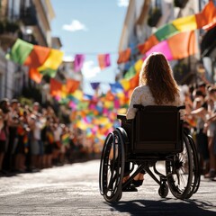 Obraz premium A young Caucasian woman in a wheelchair enjoys a vibrant street festival filled with colorful decorations.