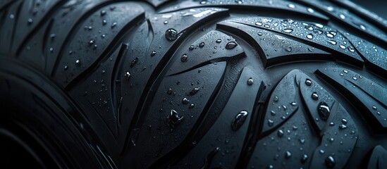 High-quality tire close-up with water droplets on a black surface perfect for tire shop advertising and promotional designs