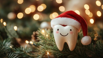 Cute cartoon tooth in Santa hat among spruce branches for festive dental decor this holiday season