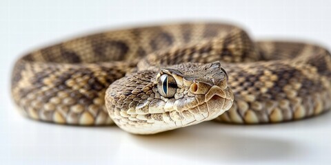 Naklejka premium macrophotography of a pit viper, green snake lay on a white background. Wildlife photography of pit viper