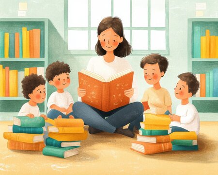 A cheerful woman reads a story to three young boys in a cozy library setting filled with colorful books.